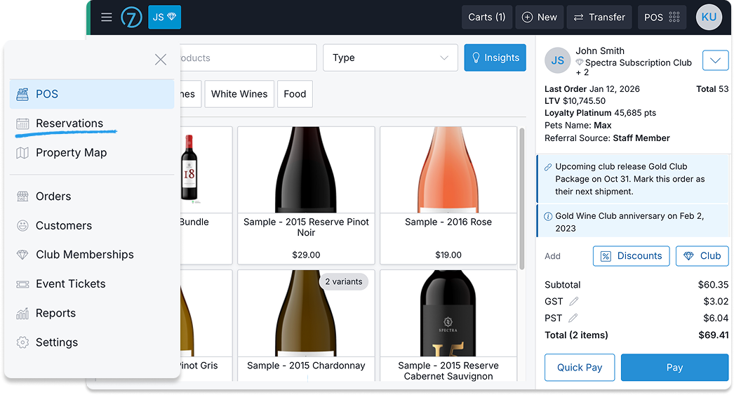 Commerce7 POS and reservation management interface for hospitality businesses.