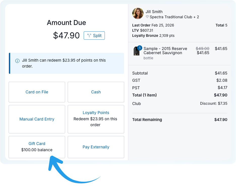 Screenshot of gift card purchase interface in Club Shipment with $100 balance and loyalty points.