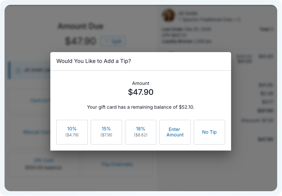 POS tip prompt for gift card with amount and options for tip percentage or custom amount.