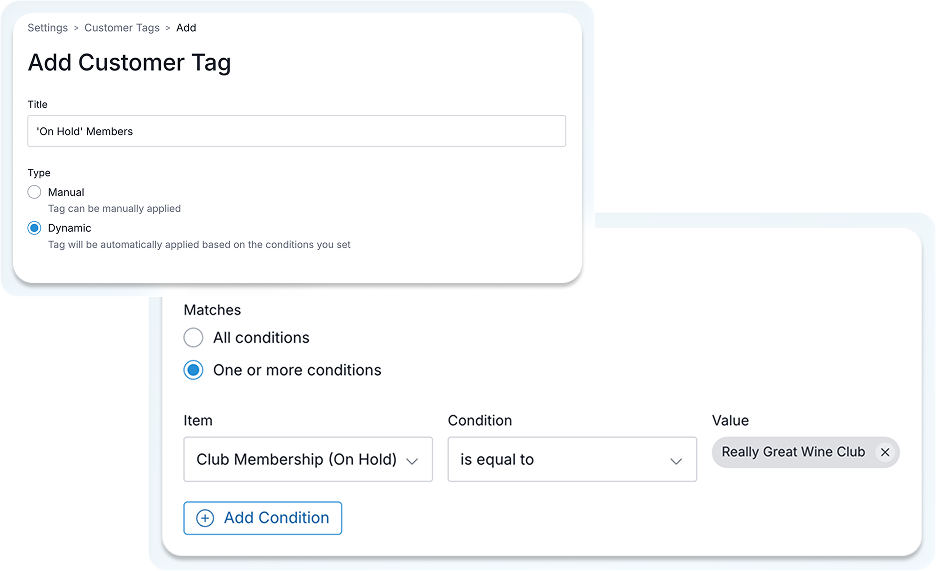 Screenshot of the 'Add Customer Tag' interface showing options for tag type and conditions.