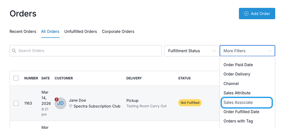 Order list in Commerce7 platform showing customer details, delivery status, and sales associate filter options.