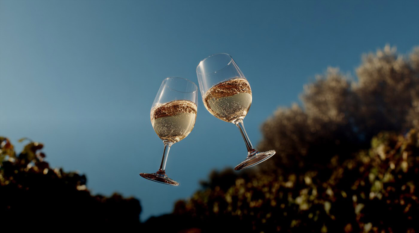 Two champagne glasses clinking in the sky during celebration, with trees in the background.