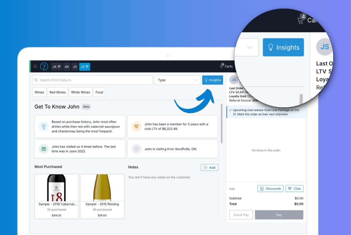 Screenshot of Commerce7 dashboard showing insights, product search, and customer purchase data for wine business management.