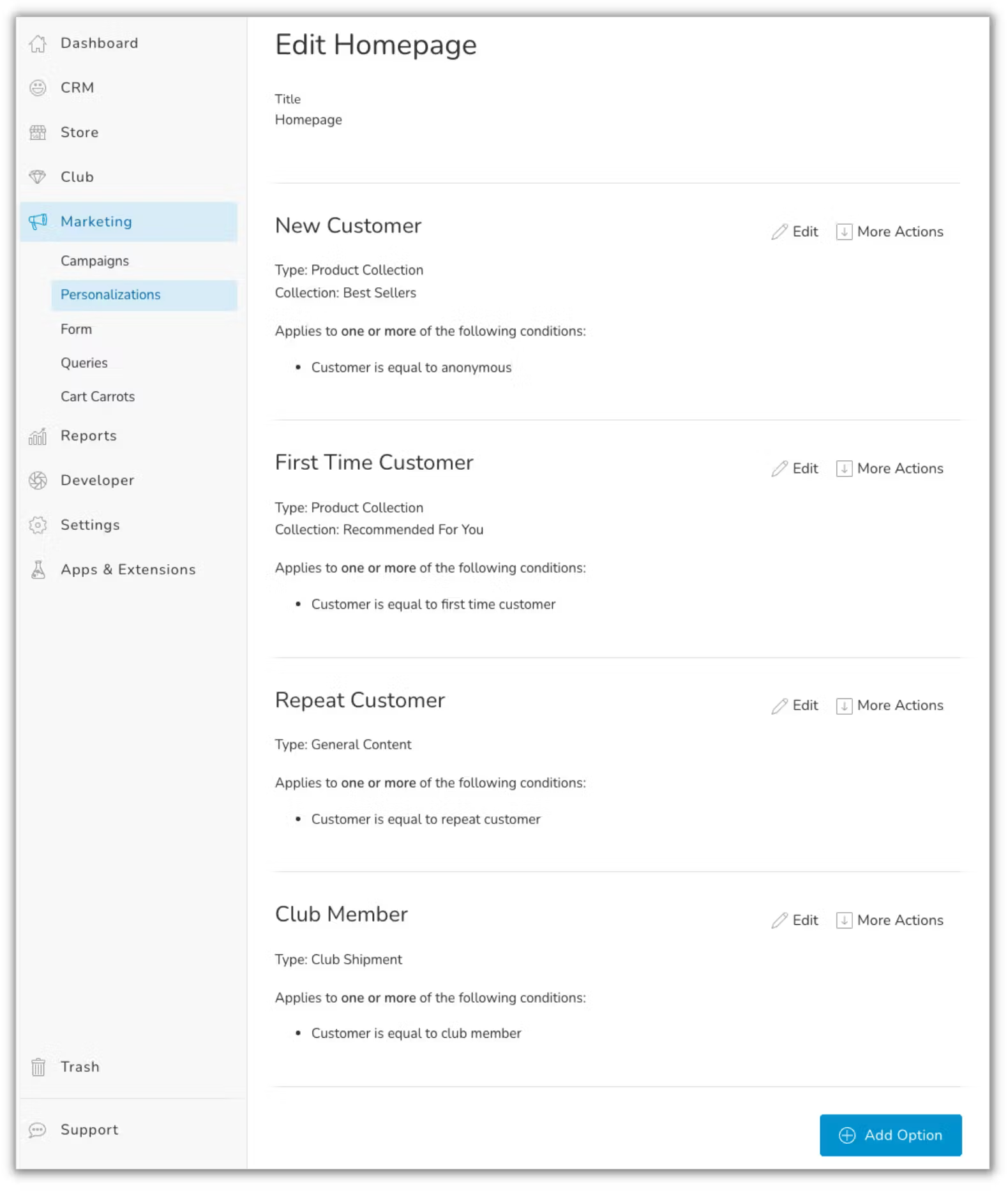 Screenshot of Commerce7 dashboard showing customer management options and menu.