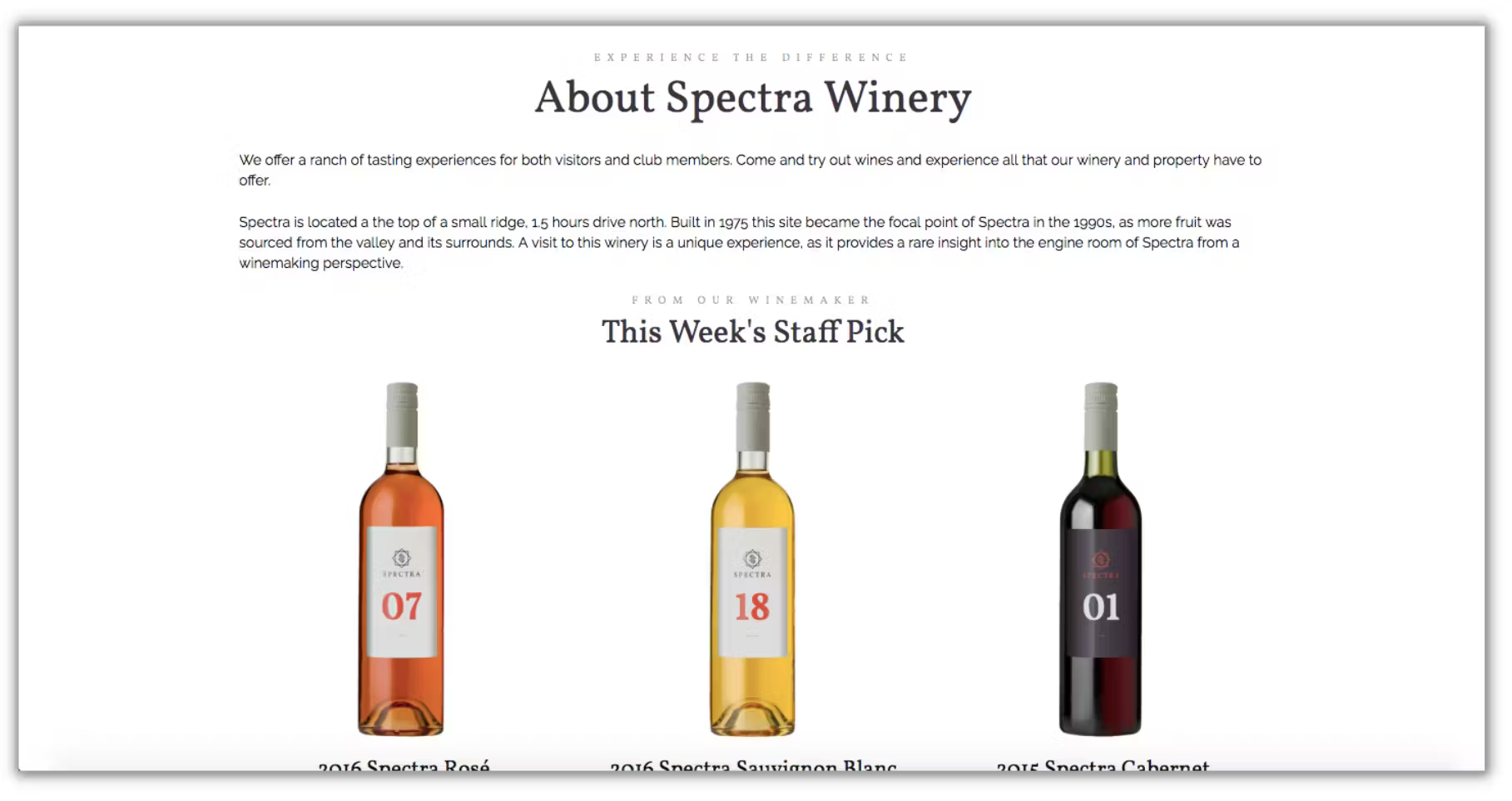 Spectra Winery wine bottles including Rosé, Sauvignon Blanc, and Cabernet Sauvignon displayed on website.