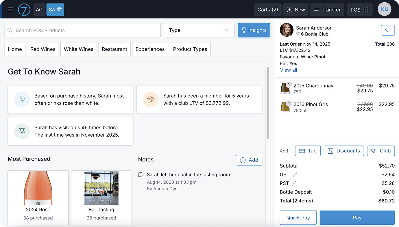 Screenshot of Commerce7 platform showing wine club management and purchase history features.