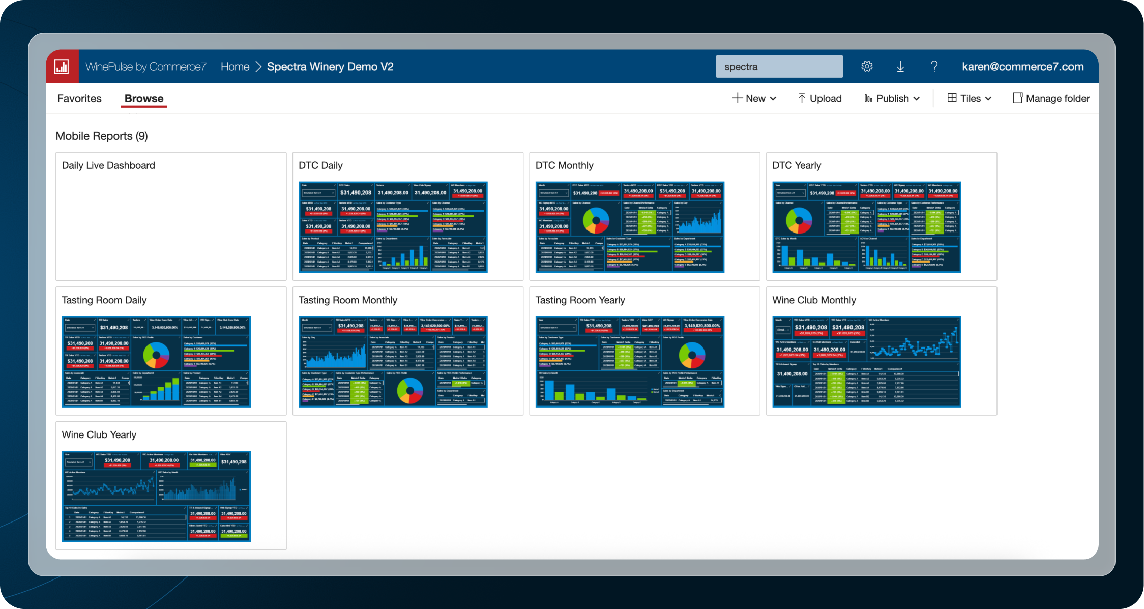 Screenshot of Commerce7 wine club management dashboard with sales and reporting analytics.