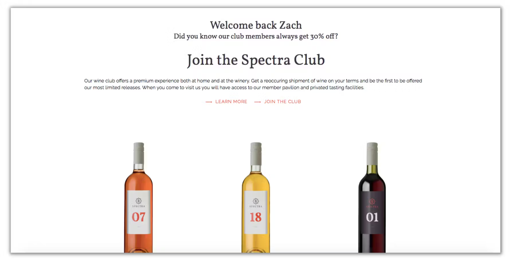 Wine bottles displayed on a website promoting the Commerce7 wine club membership.