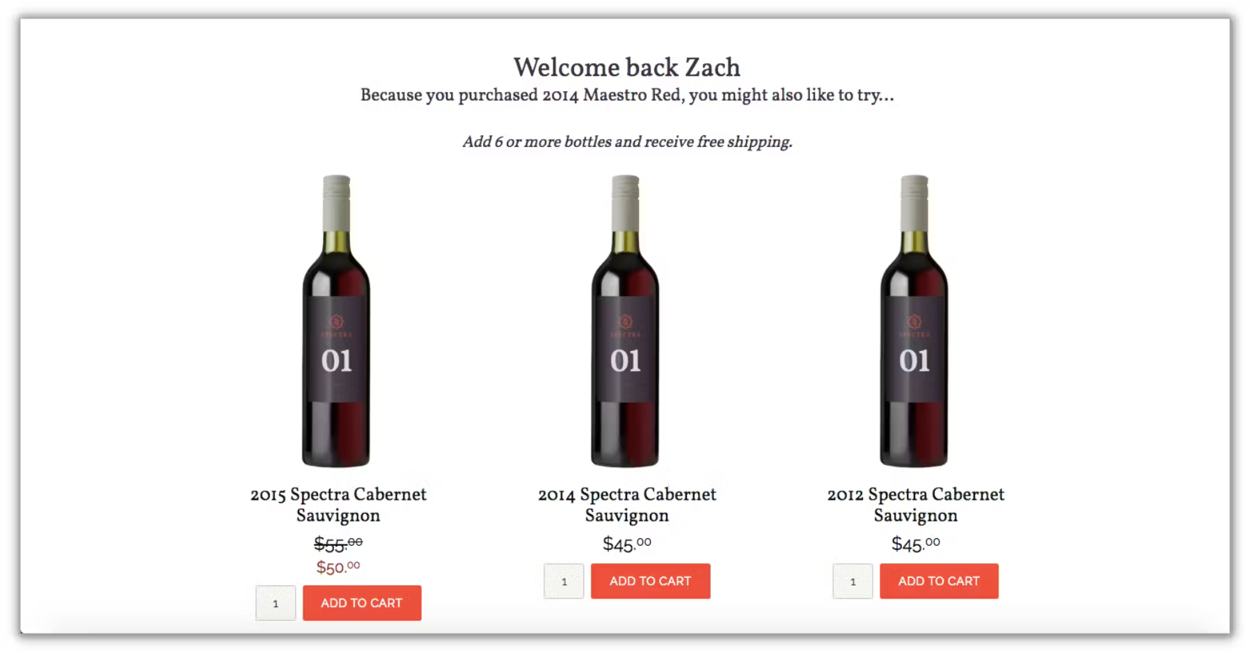 Display of three Spectra Cabernet Sauvignon wine bottles from 2012, 2014, and 2015 with prices and add to cart buttons.