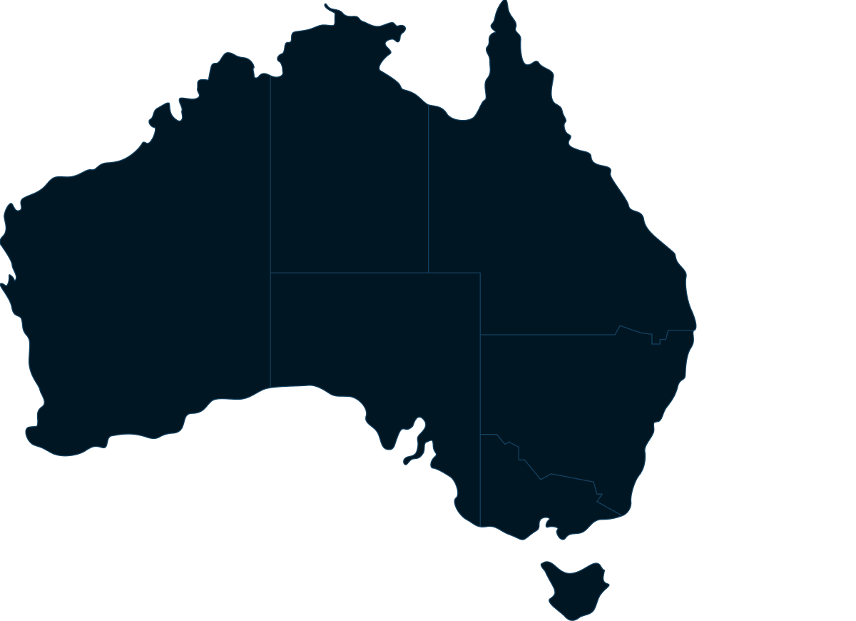 Dark blue map of Australia showing state boundaries for geographic reference.