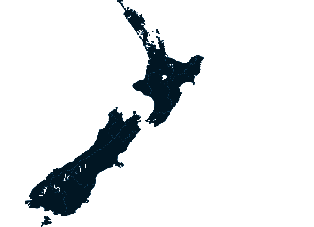Dark blue map of New Zealand showing regional boundaries and coastlines.
