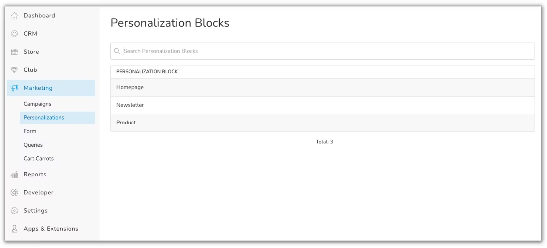 Commerce7 personalization blocks management interface showing homepage, newsletter, and product blocks.