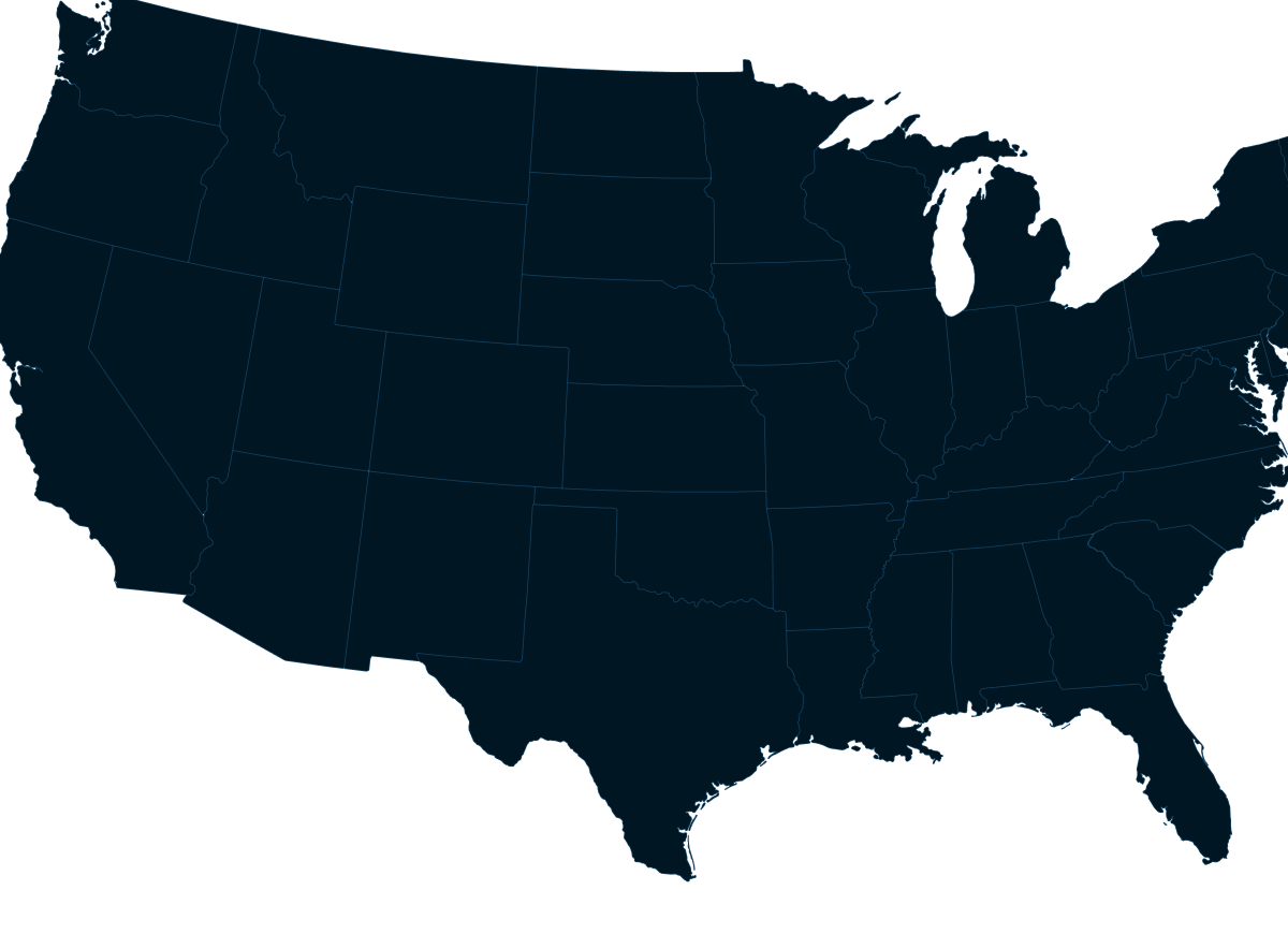 Dark blue US map highlighting all states for Commerce7 branding and analytics.