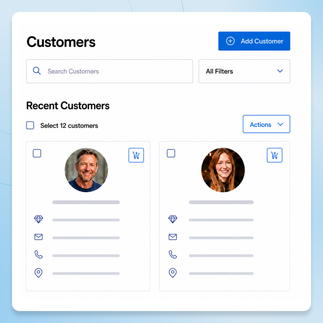 Commerce7 CRM software screenshot showing customer profiles and search features.