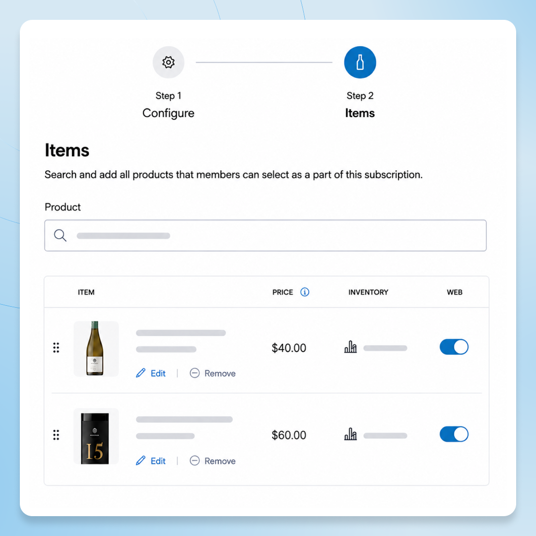 Screenshot of Commerce7 subscription management interface showing product list and inventory details.