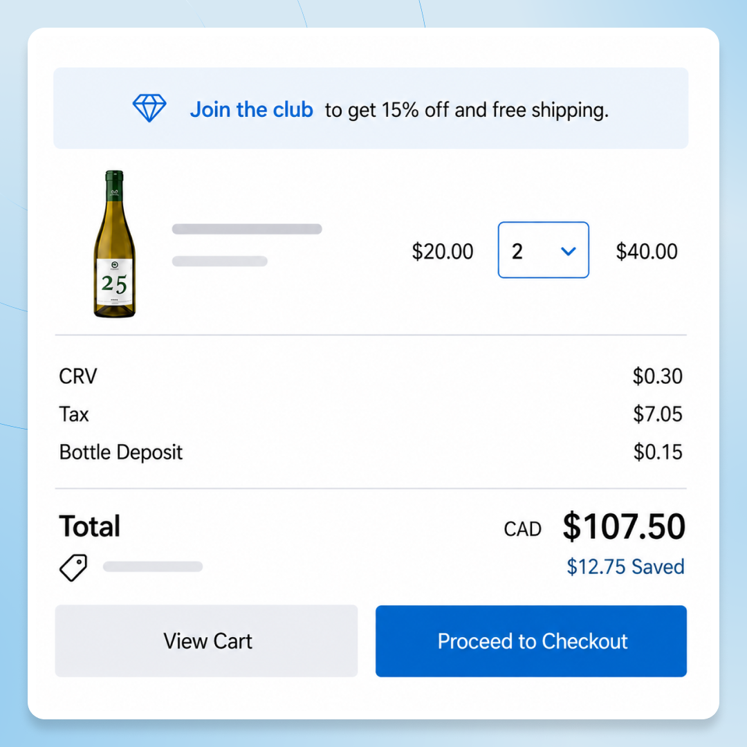 Screenshot of Commerce7 ecommerce checkout page showing product, pricing, and checkout options.