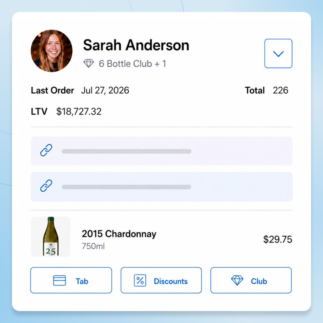 Screenshot of Commerce7 POS interface showing customer details, order info, and wine selection.