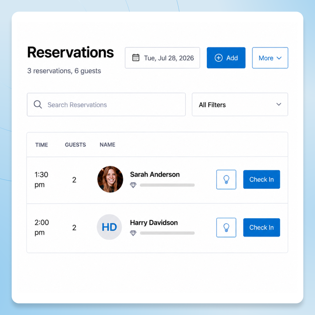 Screenshot of Commerce7 reservations management interface showing reservations for Sarah Anderson and Harry Davidson.
