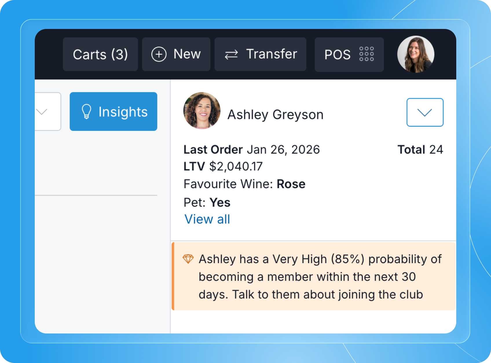 Customer profile dashboard showing order details, wine preferences, and membership probability for Ashley Greyson.