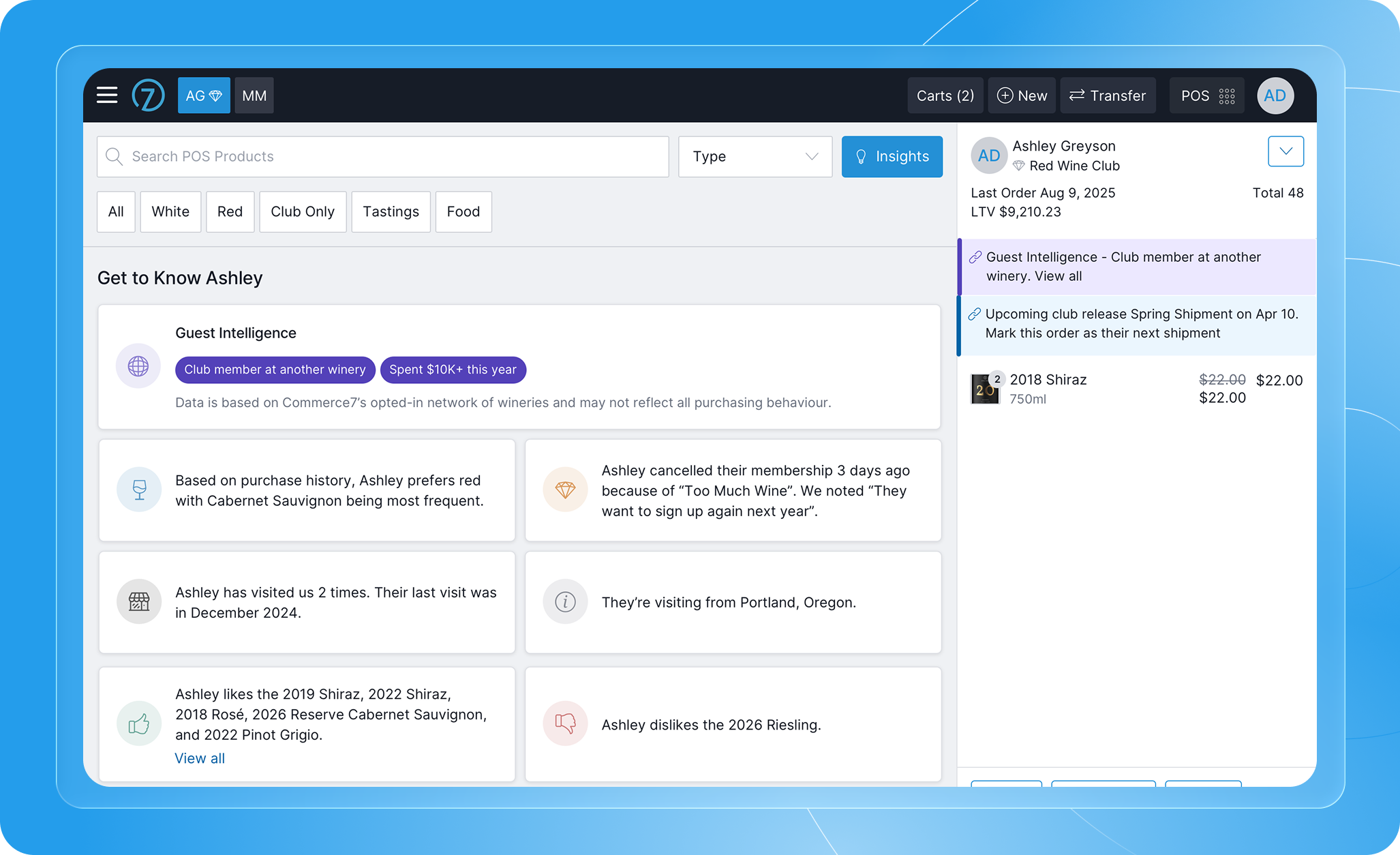 Screenshot of Commerce7 Guest Intelligence platform showing customer data and insights.