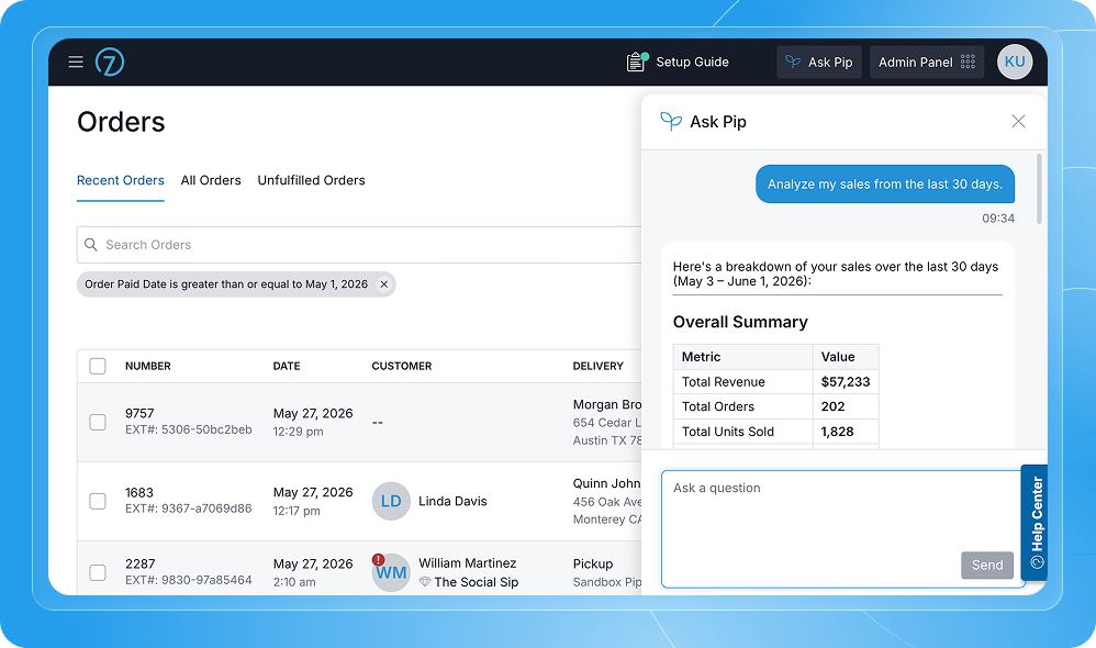 Screenshot of Commerce7 order management dashboard showing recent orders and sales analysis.