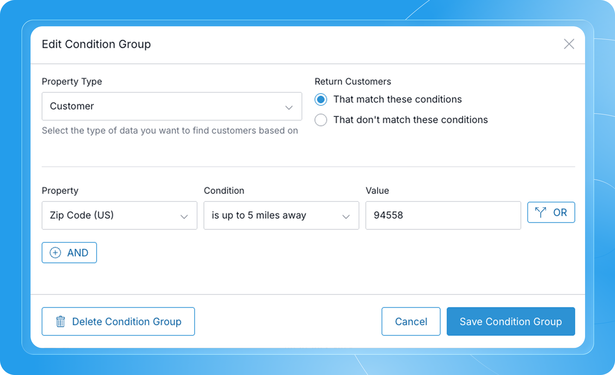 Screenshot of Commerce7's zip code radius search feature for customer targeting.