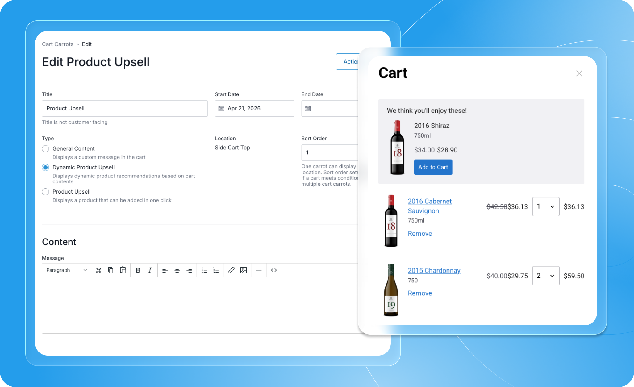 E-commerce cart with product recommendations for upselling and cross-selling.