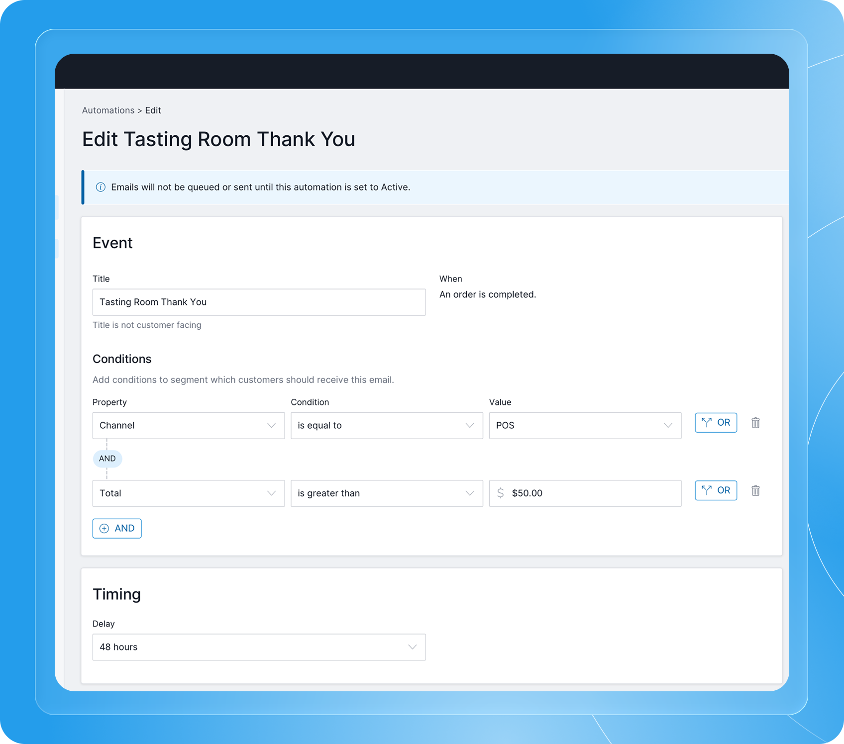 Screenshot of email automation setup for tasting room thank you email in Commerce7 platform.