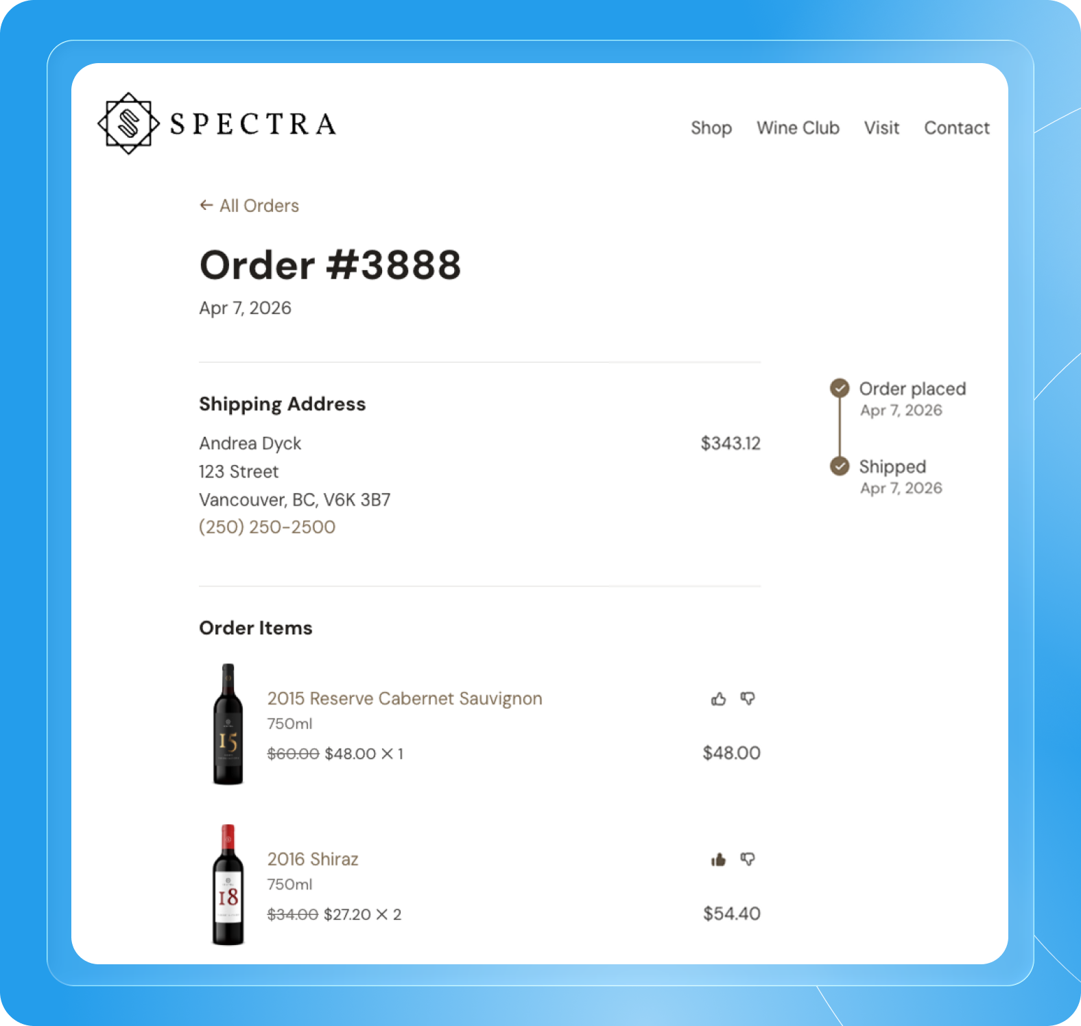 Order summary showing wine bottles, prices, and shipping details from Spectra Wine Shop.
