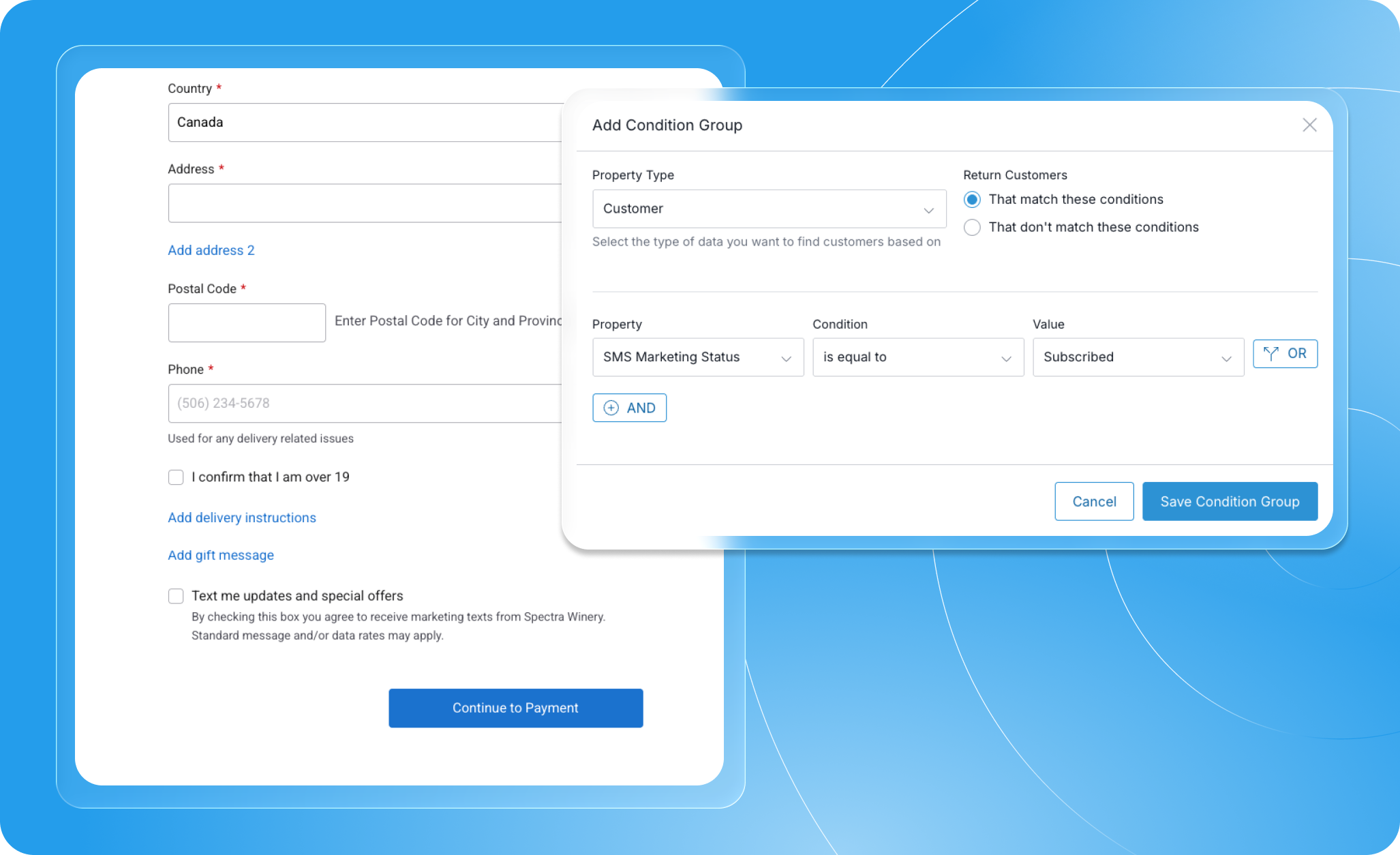 Screenshot of SMS opt-in setup form with condition group options for marketing.