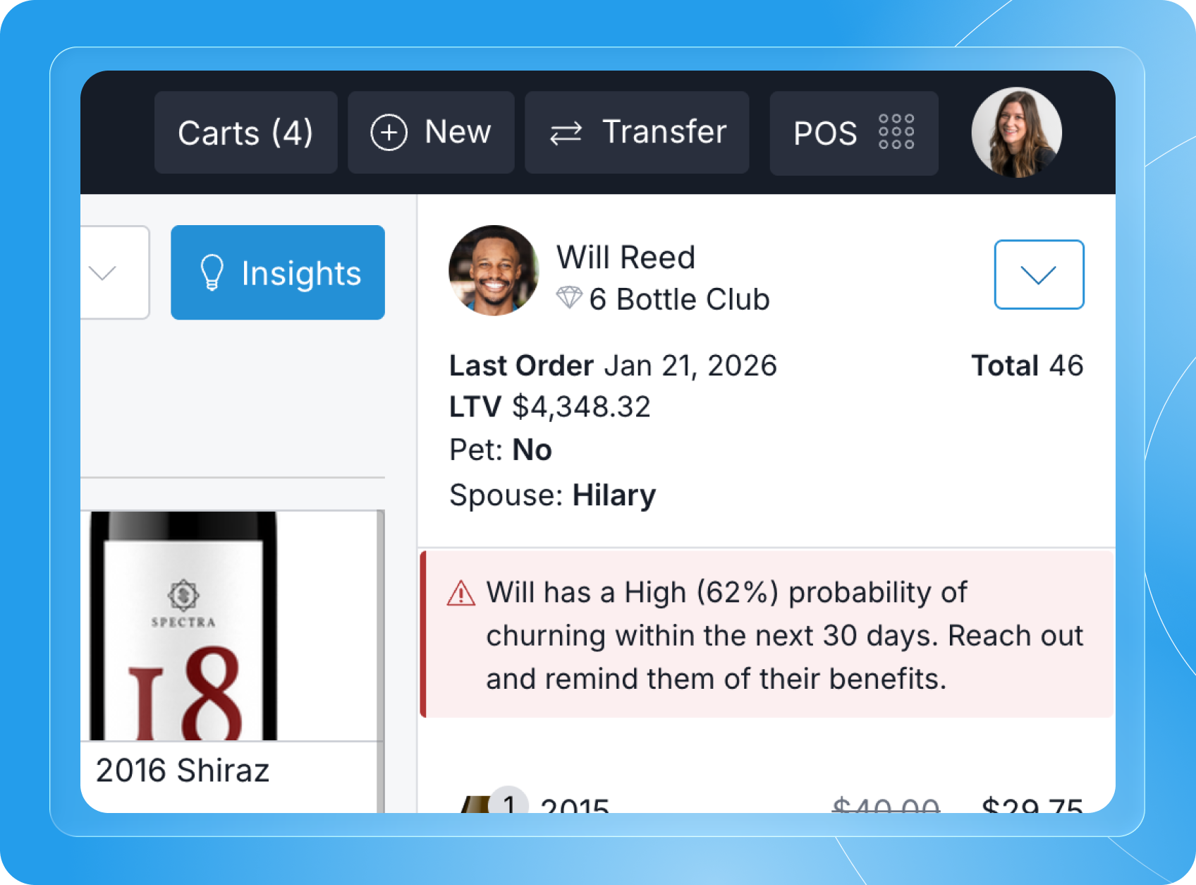 Wine club management interface showing member details and churning prediction.