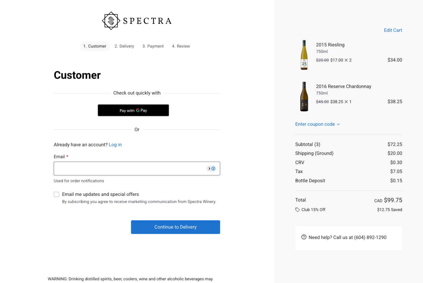 Ecommerce checkout page with wine selections, prices, and payment options for a seamless shopping experience.