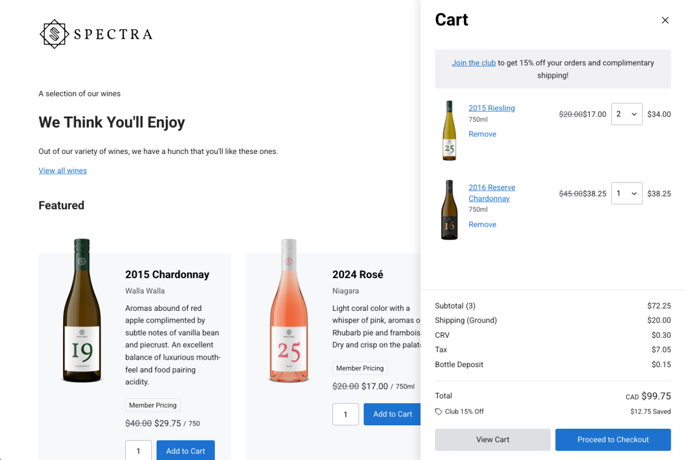 Screenshot of Commerce7 wine ecommerce platform showing wine options, prices, and cart features.
