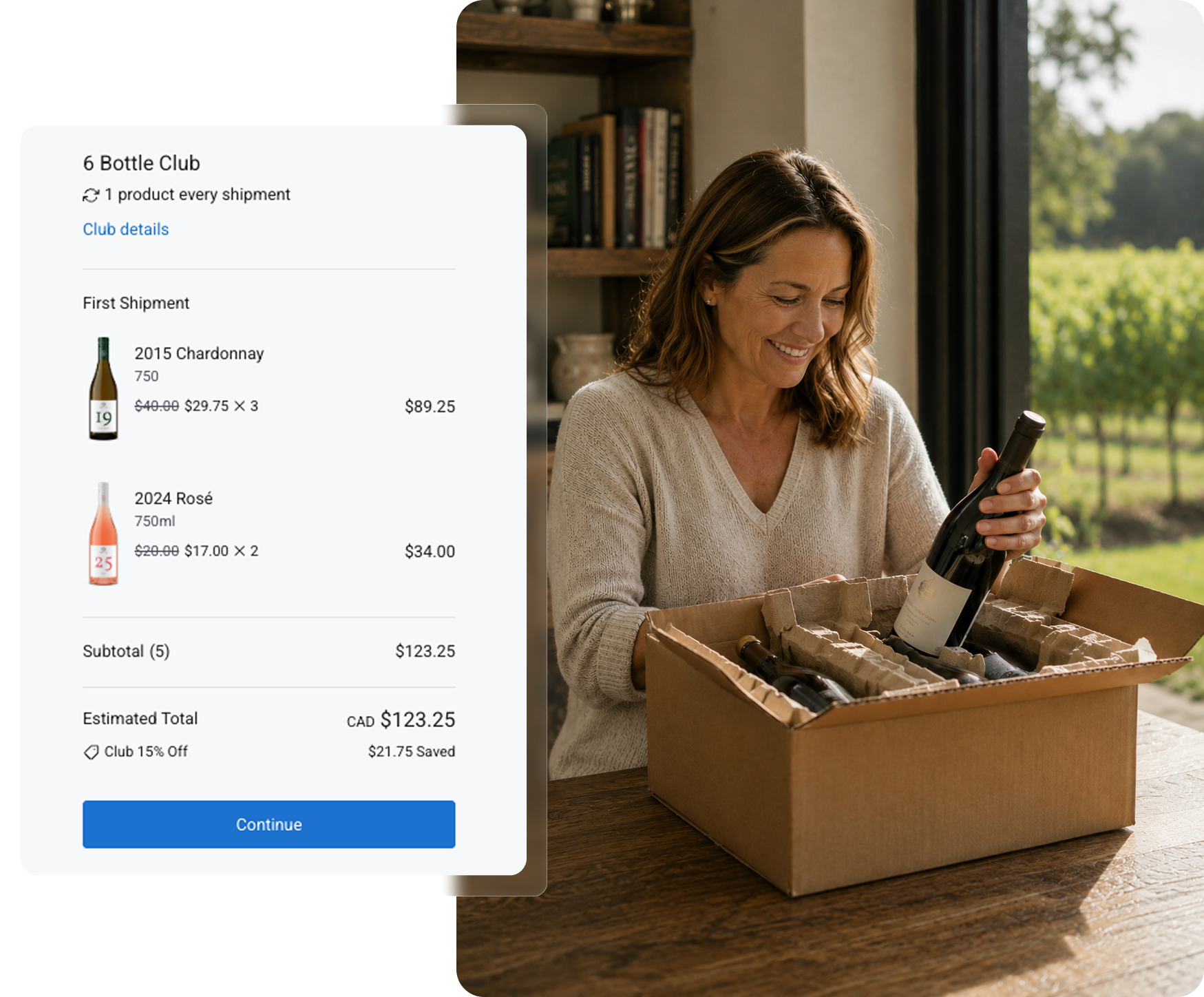 Woman opening a wine delivery box with a wine order app on her phone.