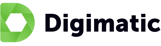 Digimatic logo featuring a green hexagon with a stylized 'D' and the company name in bold black text.