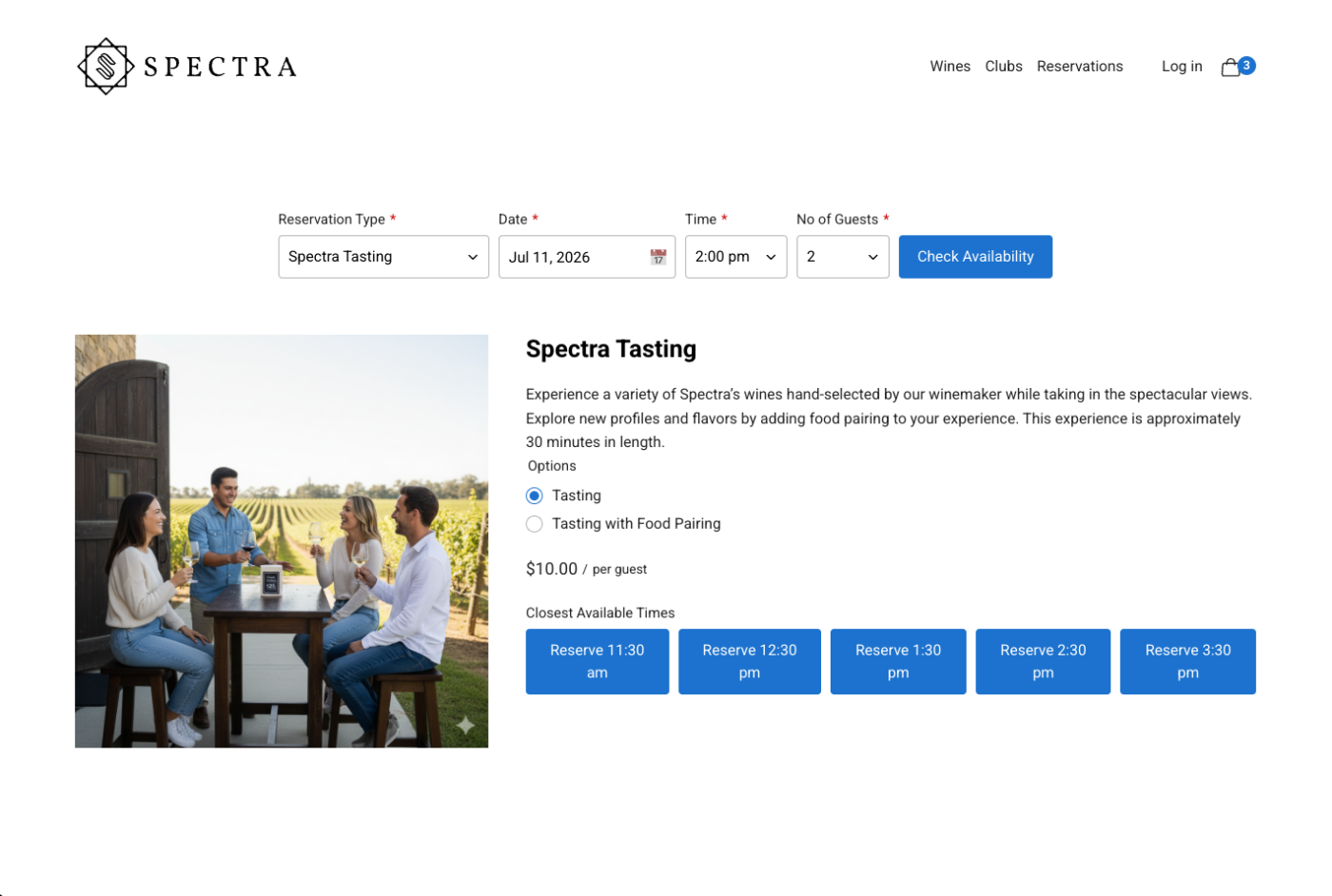 Screenshot of Spectra tasting reservation page with options for date, time, and guest number.