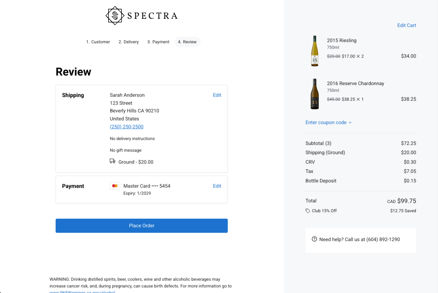 Order summary for wine purchase including Riesling and Chardonnay with prices and delivery details.