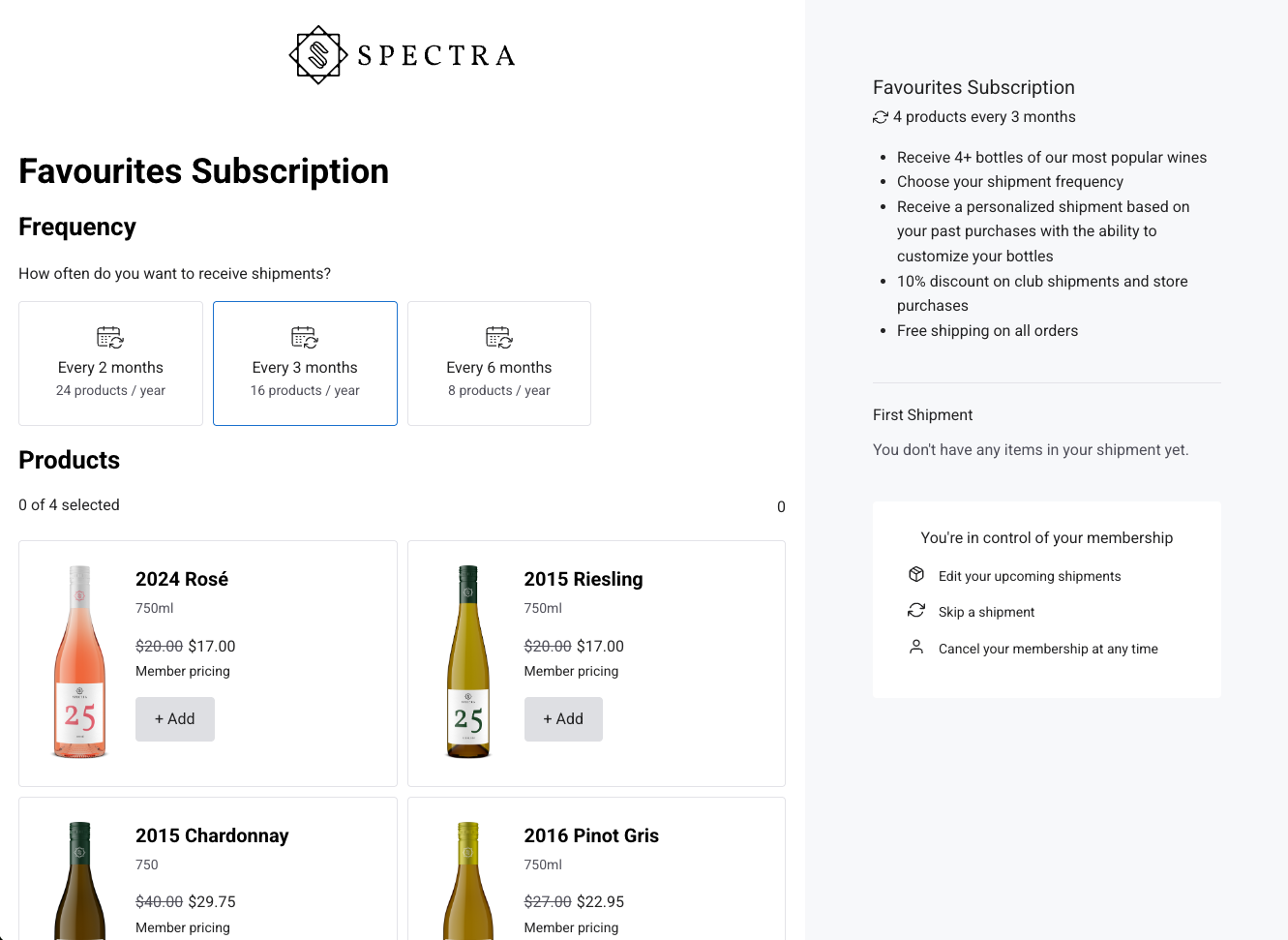 Screenshot of Commerce7 subscription management page showing frequency options and product list.