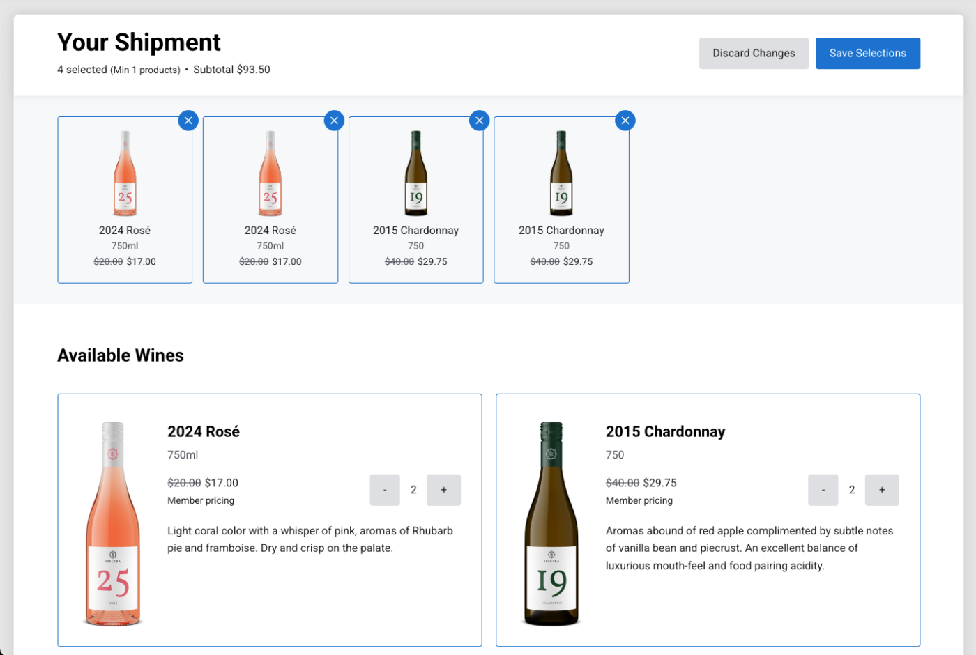 Screenshot of Commerce7 wine selection with bottles and details for clubs and subscriptions.
