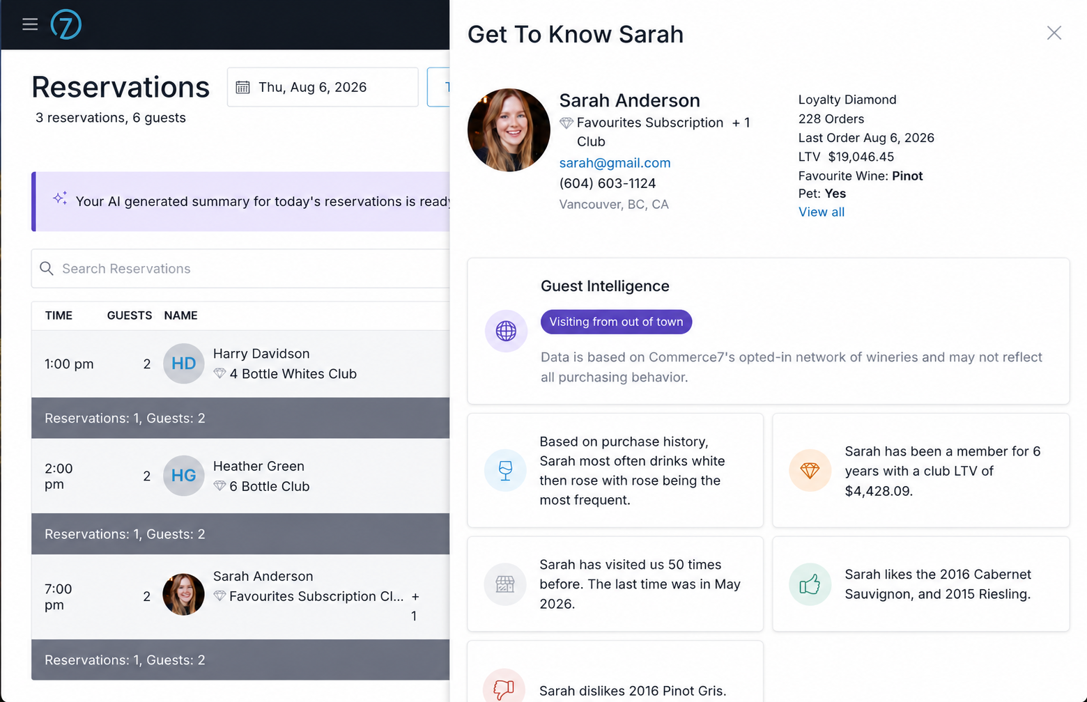 A screen showing the Commerce7 reservations interface with AI powered insights