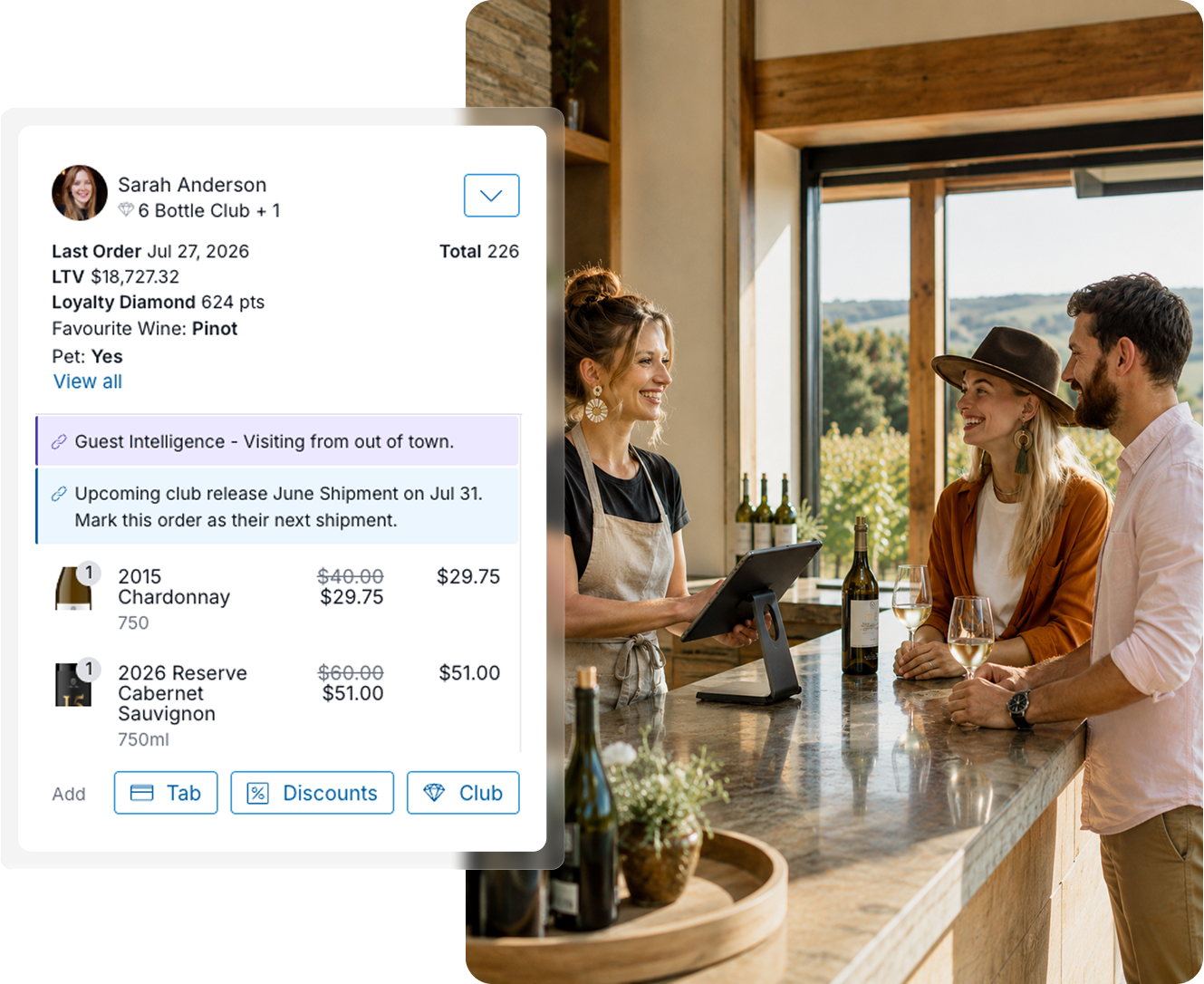 Commerce7 wine club app interface showing wine selections and customer details at a winery tasting room.