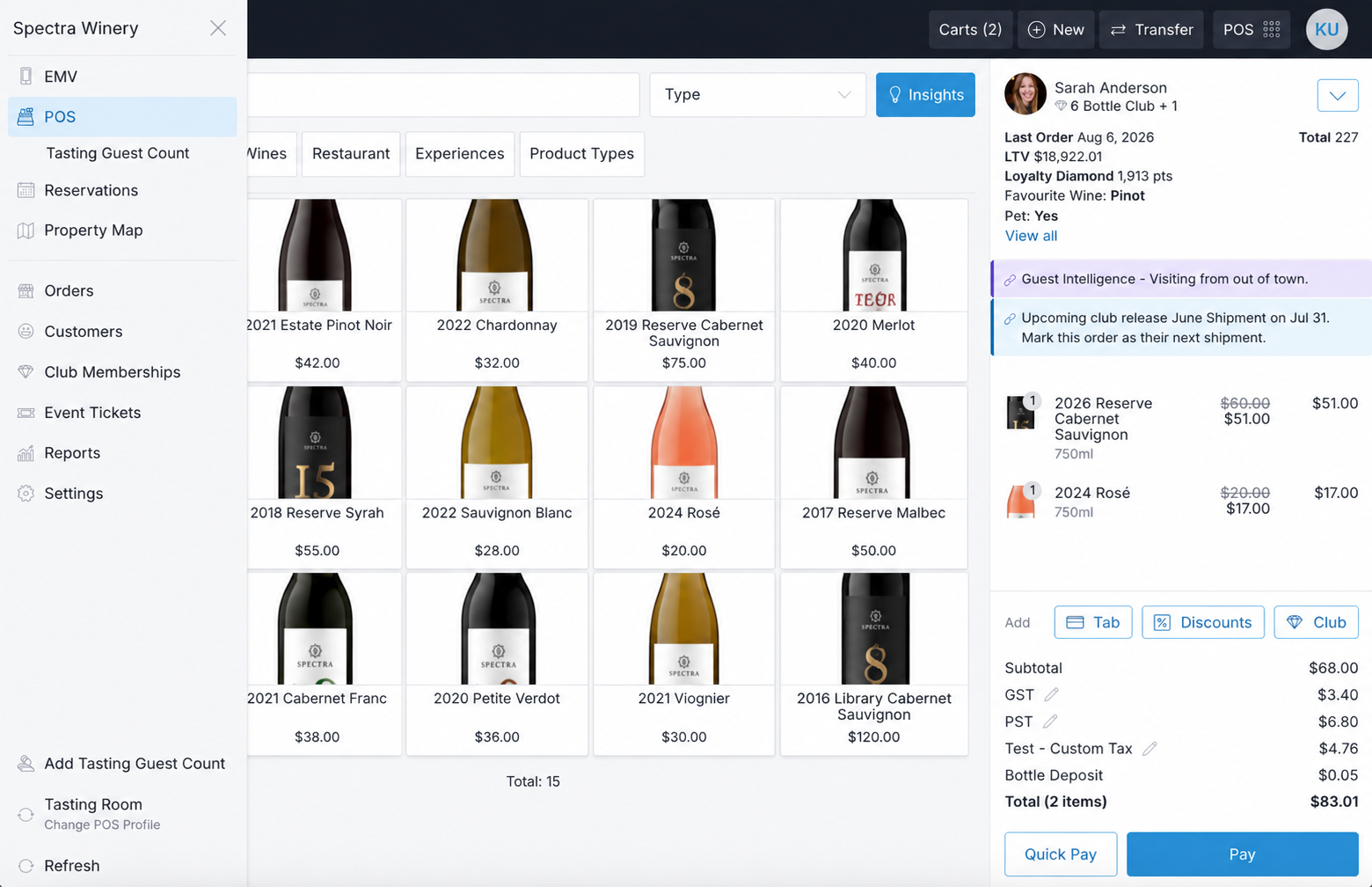 Screenshot of a wine retail POS system showing product details, purchase history, and checkout options.