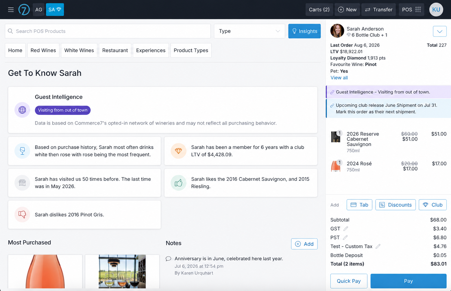 Screenshot of a Commerce7 POS system showing hospitality insights powered by AI technology