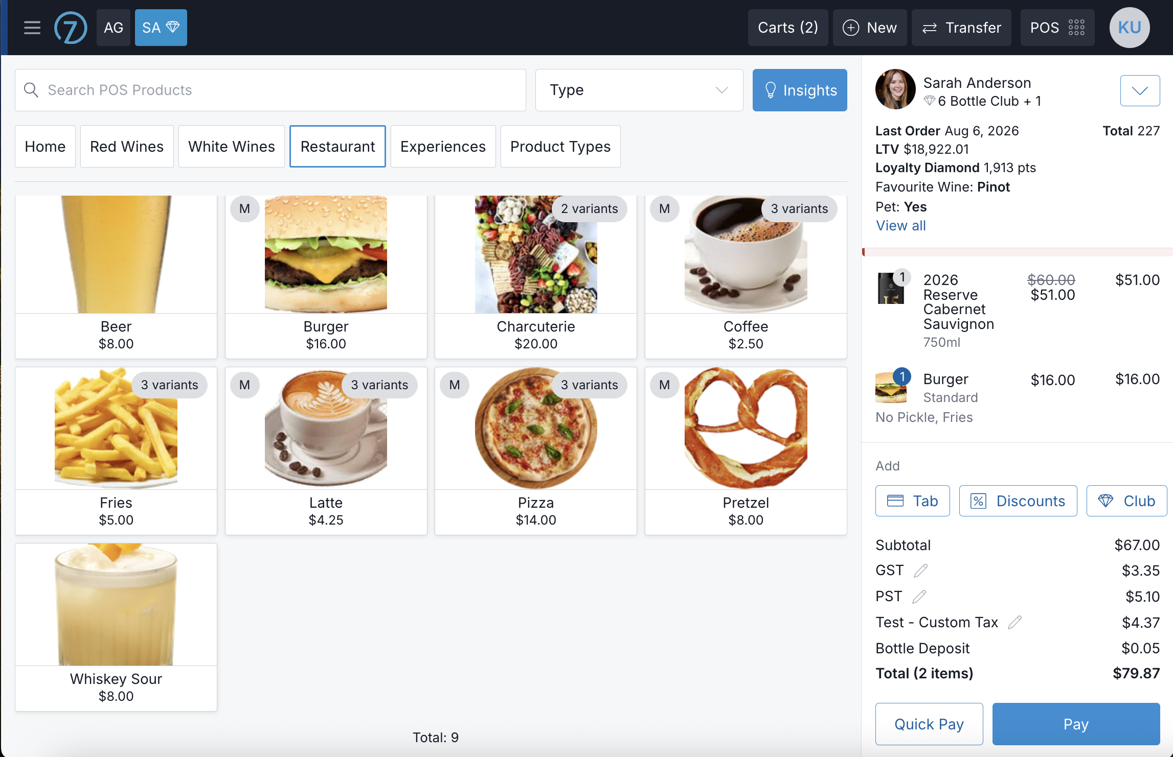 Commerce7 POS interface displaying various menu items for purchase on the POS screen