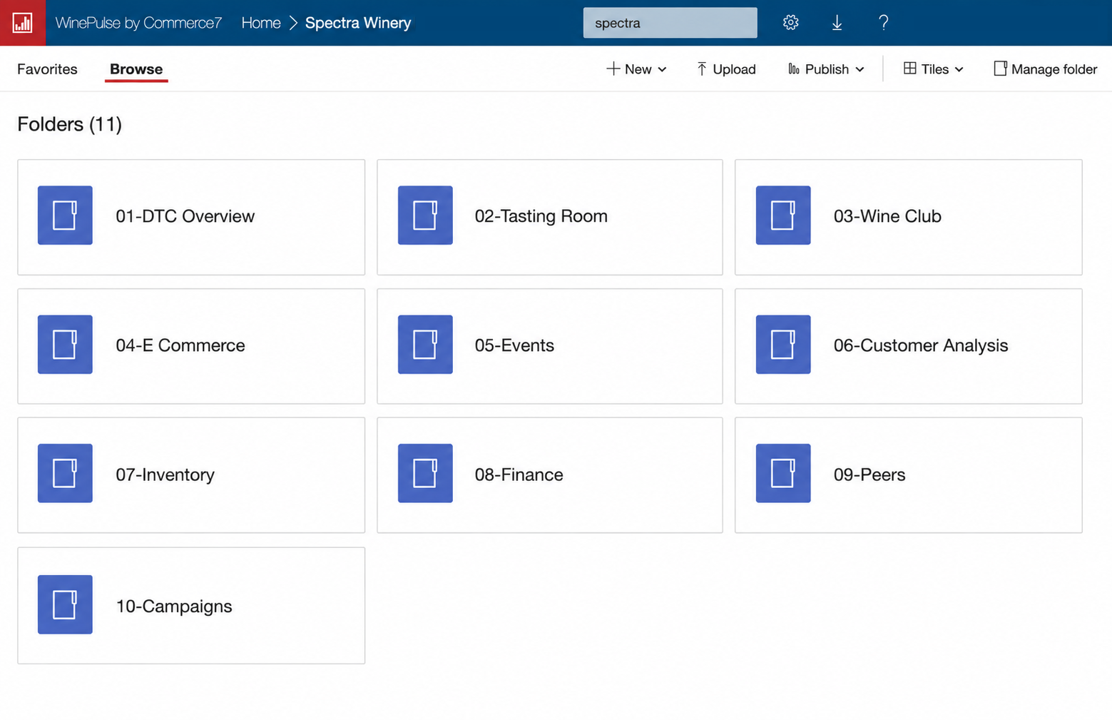 Screenshot of Commerce7 software showing folders for analytics and features.