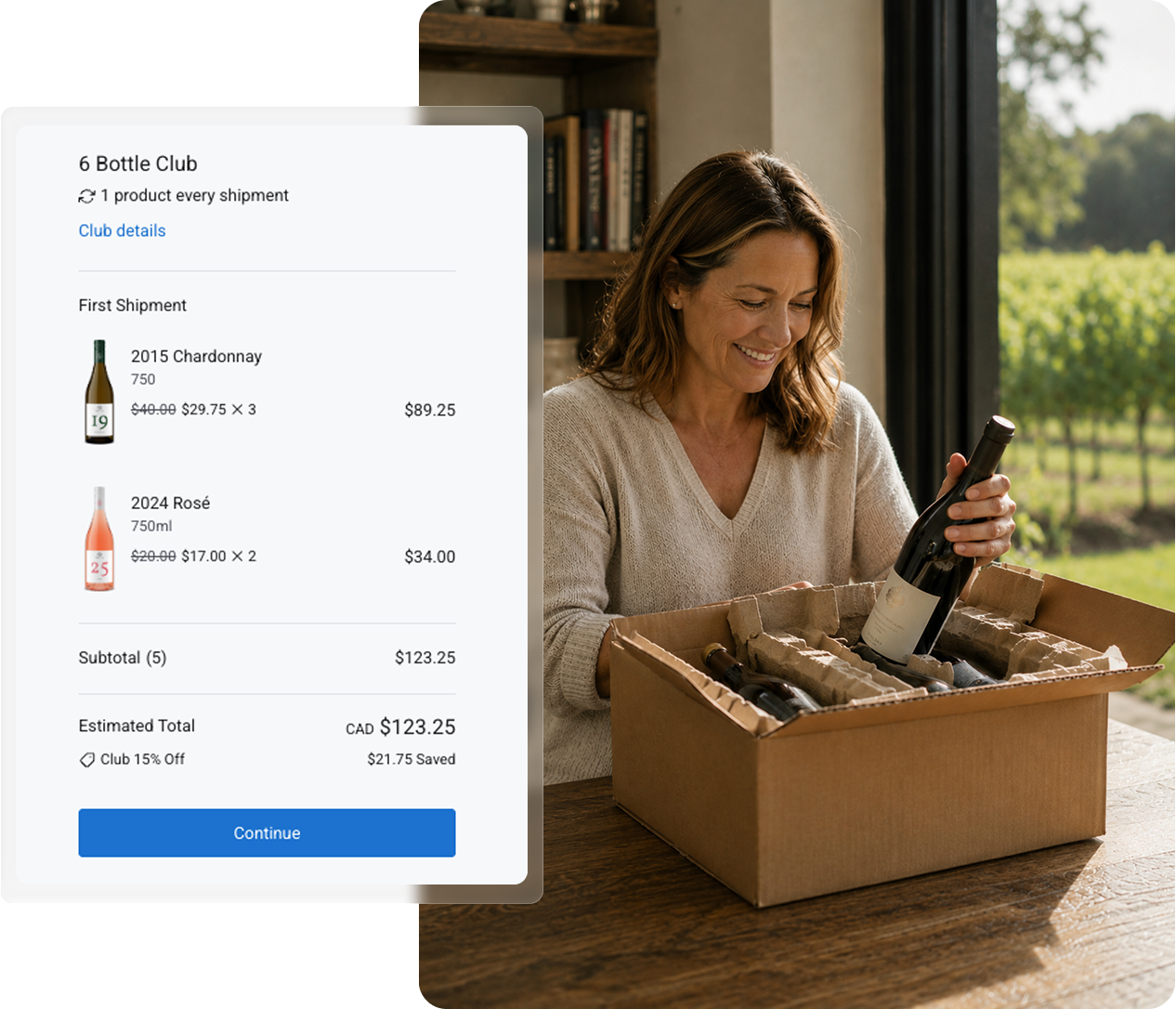 Image of a woman opening up her wine club subscription shipment, next to the UI of the wine club software on a mobile device.