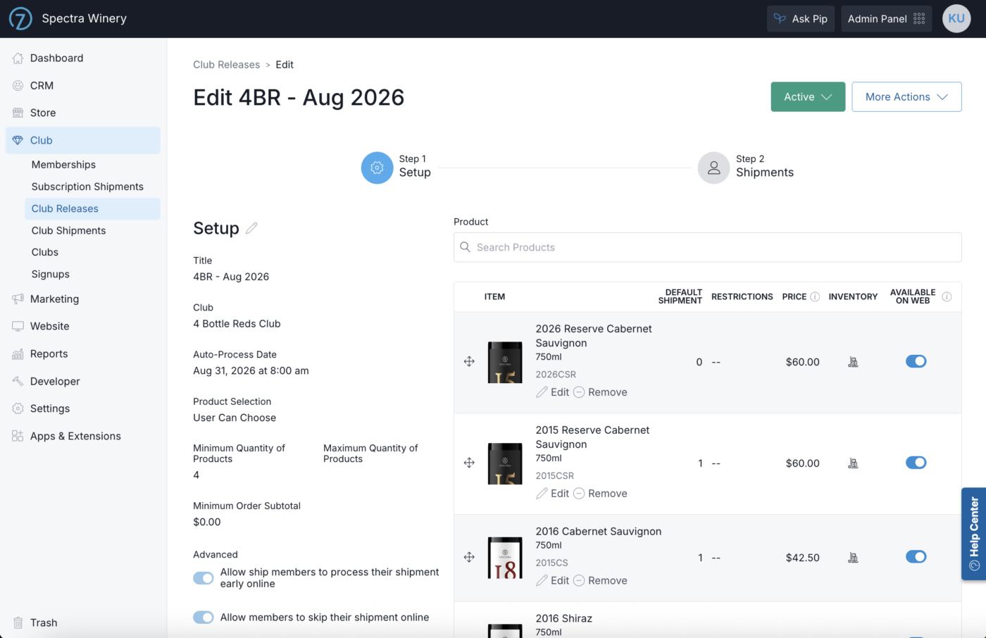 Screenshot of Commerce7 platform showing club subscription management and product options.