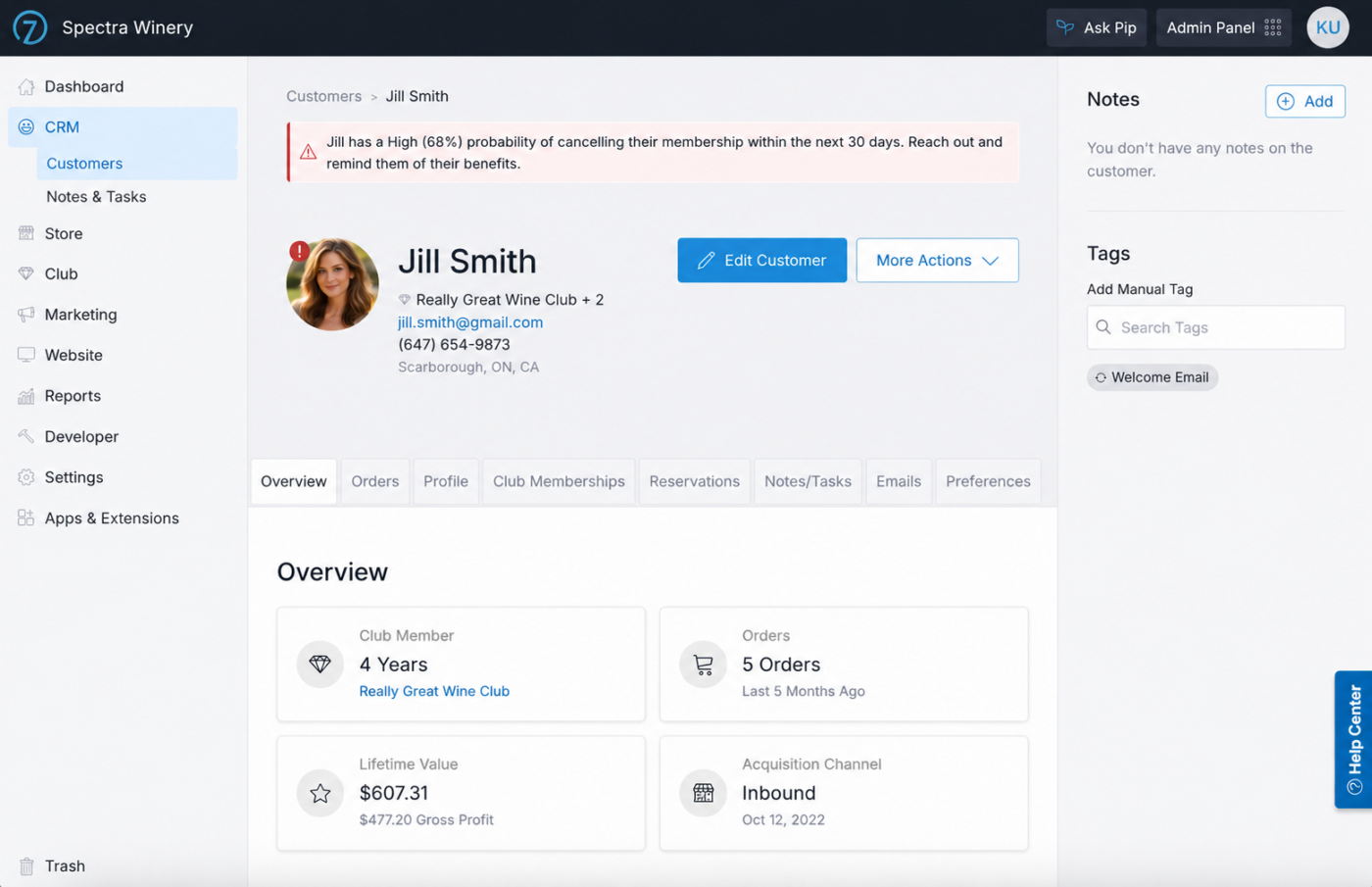 Screenshot of Commerce7 software showing customer profile and club management features.