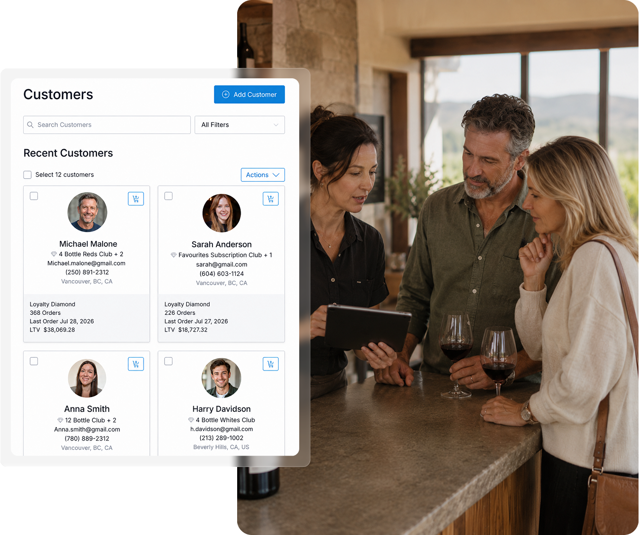 Business meeting at a winery with a digital customer management interface on a tablet.