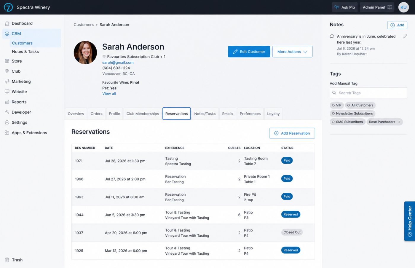 CRM dashboard showing customer reservations, statuses, and experience details for effective CRM management.
